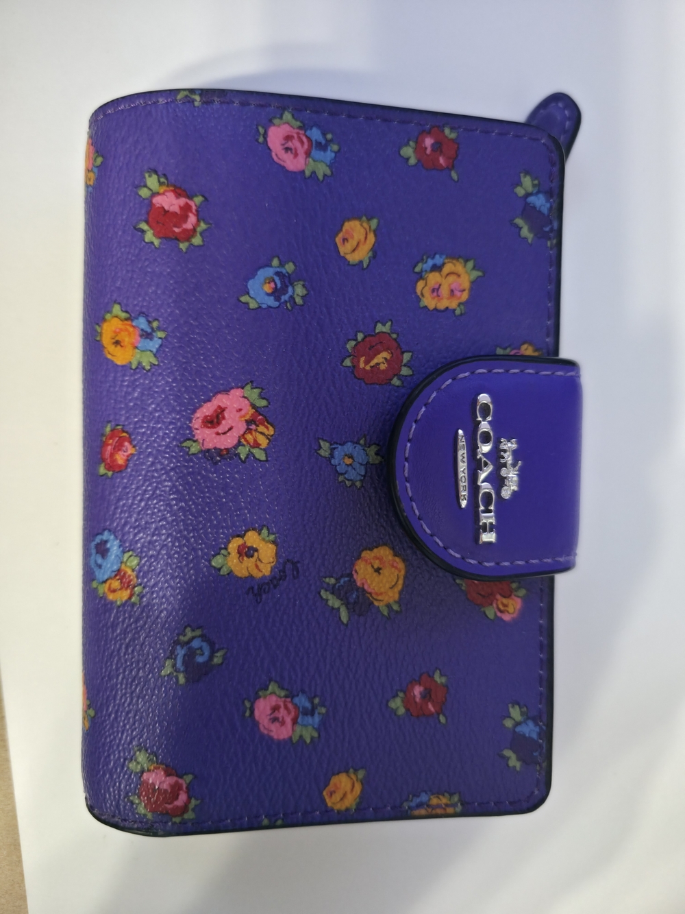 Coach Purple Floral Leather Snap Wallet with Silver Logo